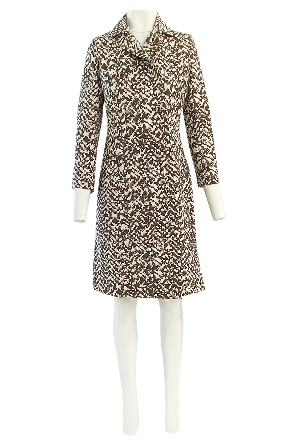 1970s Givenchy Structured Neoprene Canvas Finish Abstract Print Coat w Silver Buttons