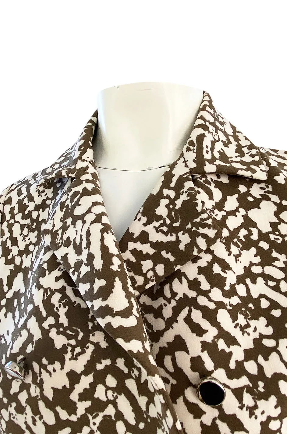 1970s Givenchy Structured Neoprene Canvas Finish Abstract Print Coat w Silver Buttons