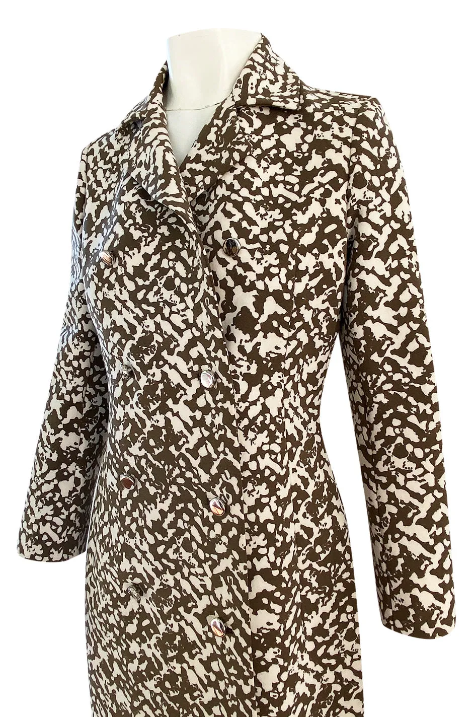 1970s Givenchy Structured Neoprene Canvas Finish Abstract Print Coat w Silver Buttons
