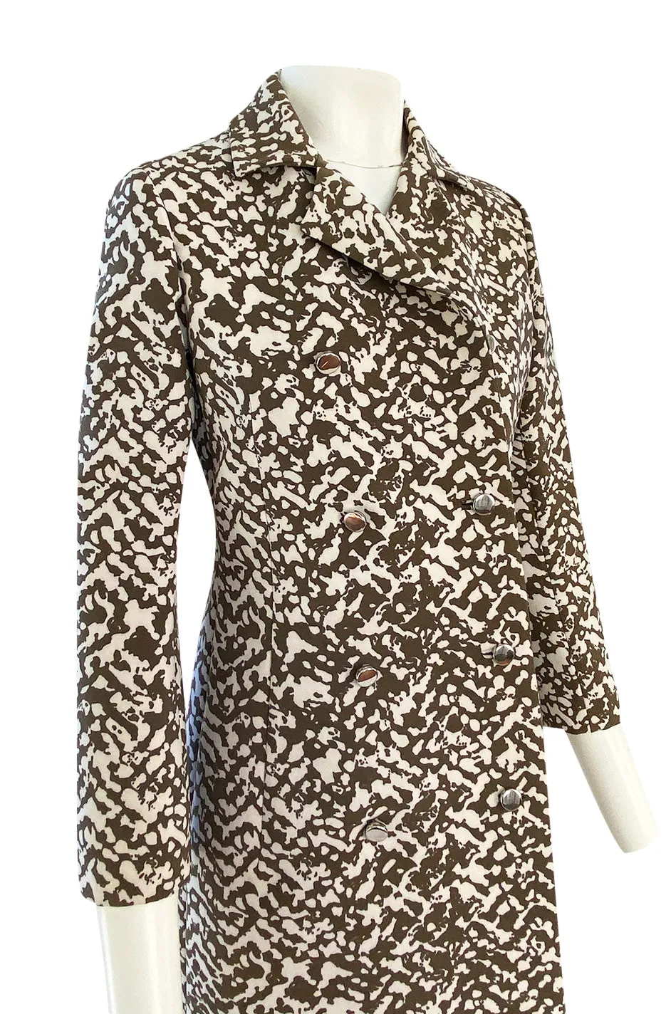1970s Givenchy Structured Neoprene Canvas Finish Abstract Print Coat w Silver Buttons