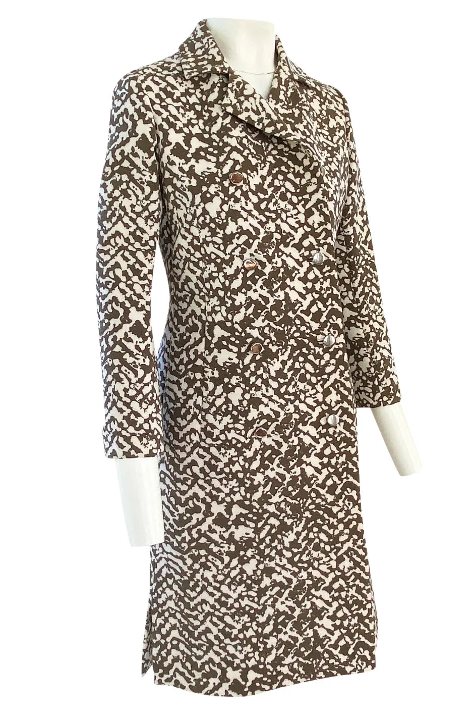 1970s Givenchy Structured Neoprene Canvas Finish Abstract Print Coat w Silver Buttons