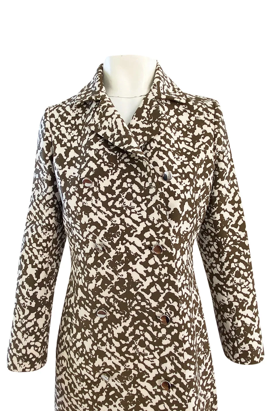 1970s Givenchy Structured Neoprene Canvas Finish Abstract Print Coat w Silver Buttons
