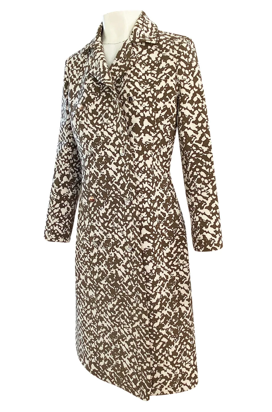 1970s Givenchy Structured Neoprene Canvas Finish Abstract Print Coat w Silver Buttons