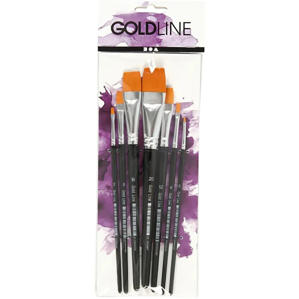7 x Flat Gold Line Nylon Hair Brushes With Wooden Handle Assorted Size 0-20 Tool