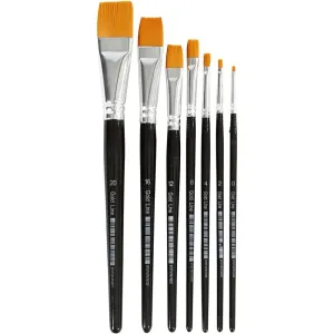 7 x Flat Gold Line Nylon Hair Brushes With Wooden Handle Assorted Size 0-20 Tool