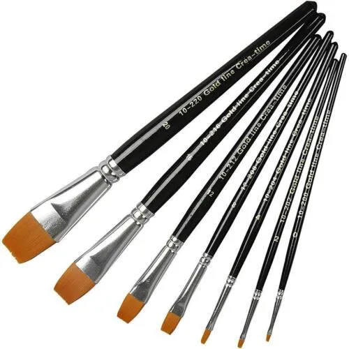 7 x Flat Gold Line Nylon Hair Brushes With Wooden Handle Assorted Size 0-20 Tool