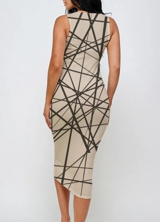 Abstract Print Ribbed Bodycon Midi Tank Dress
