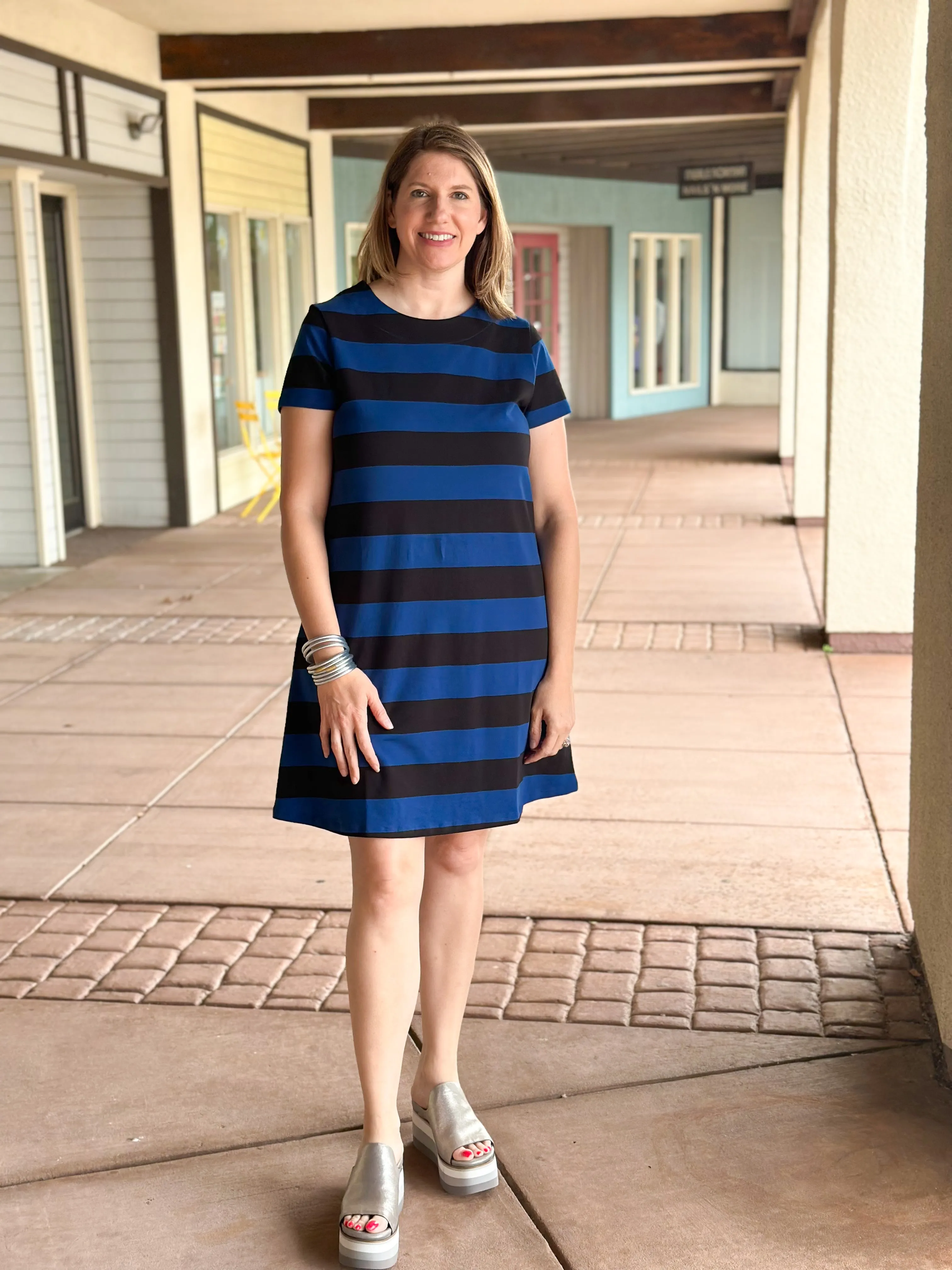Amber Dress in Oxford Blue & Black Stripe