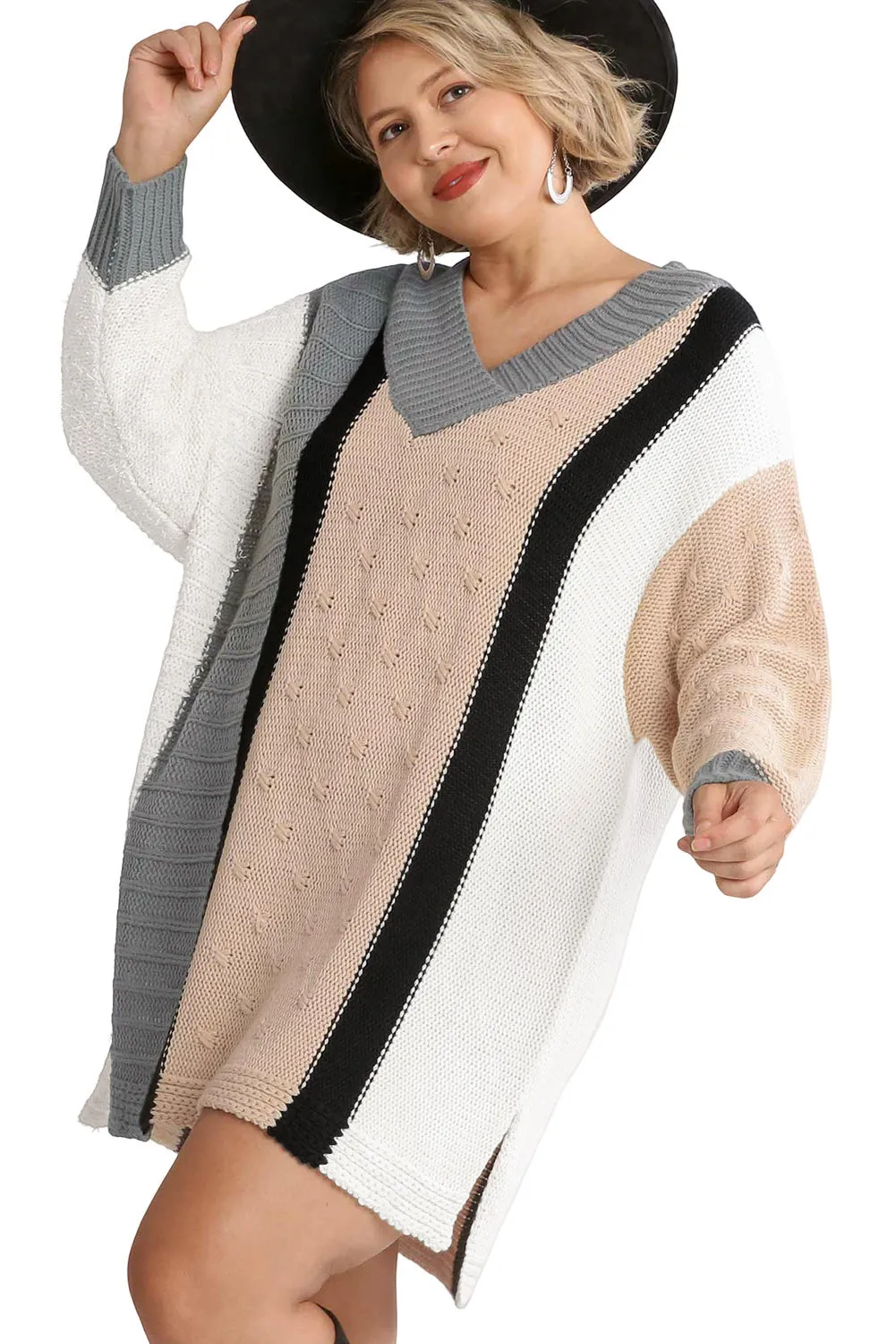 Apricot Mixed Boucl Color Block Plus Size Sweater Dress