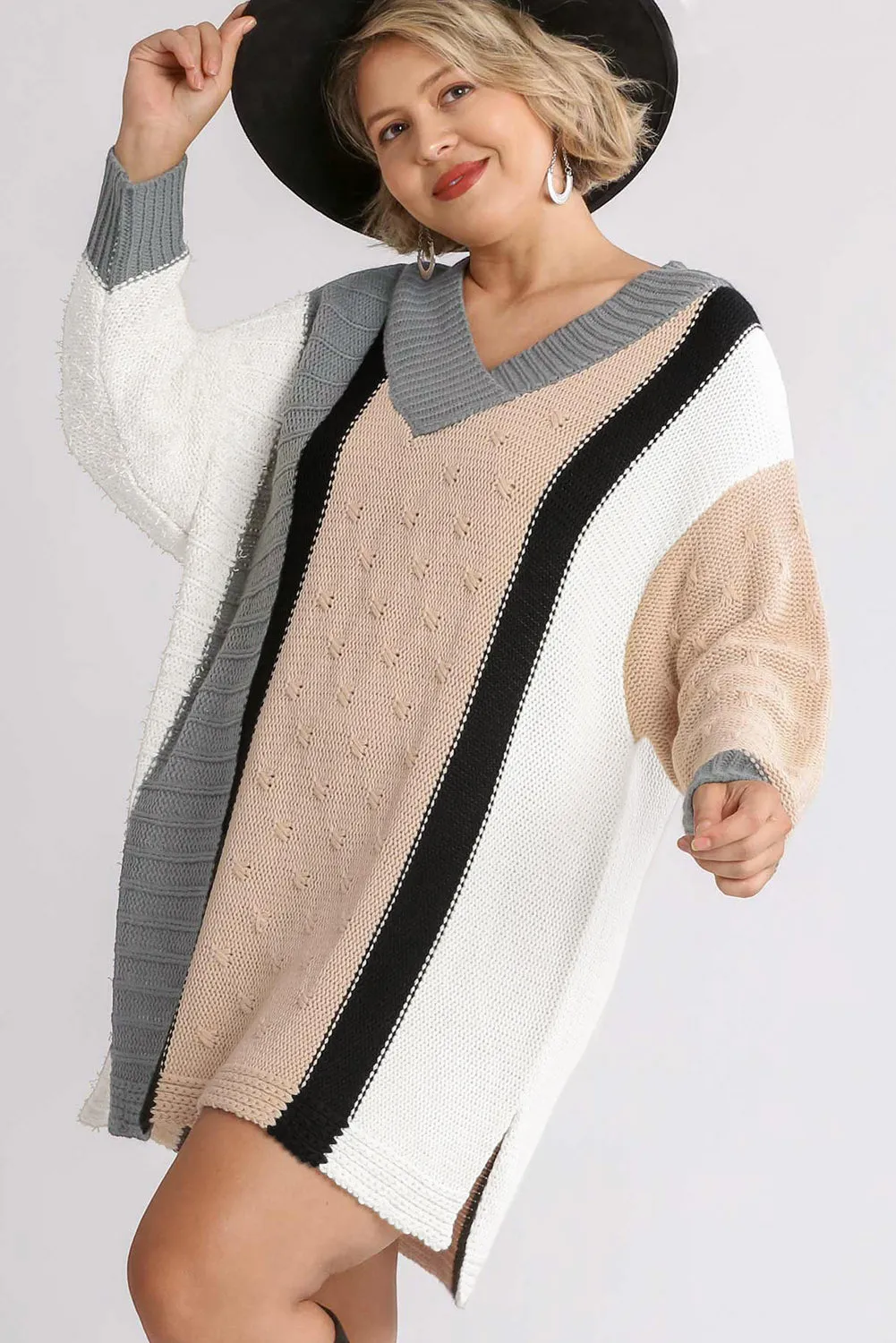 Apricot Mixed Boucl Color Block Plus Size Sweater Dress