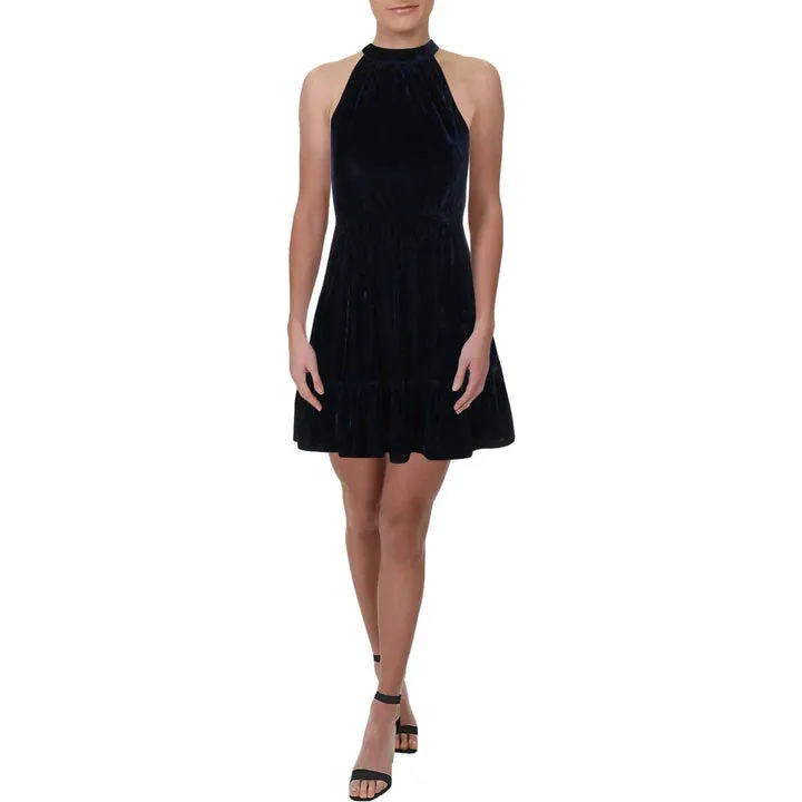 AQUA WOMENS VELVET RUFFLED HEM MINI DRESS