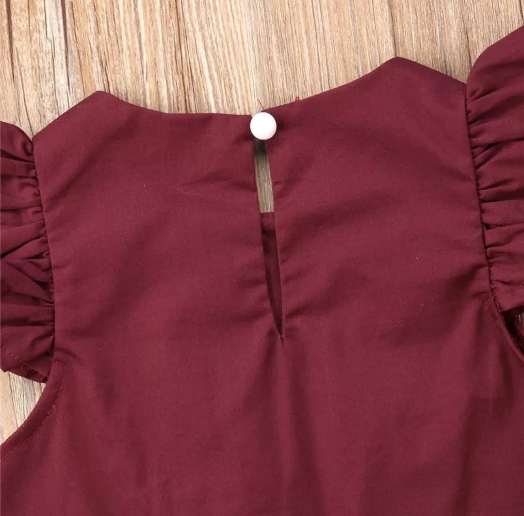 Ayla Pleated Flutter Sleeve Dress Baby Girl Burgundy