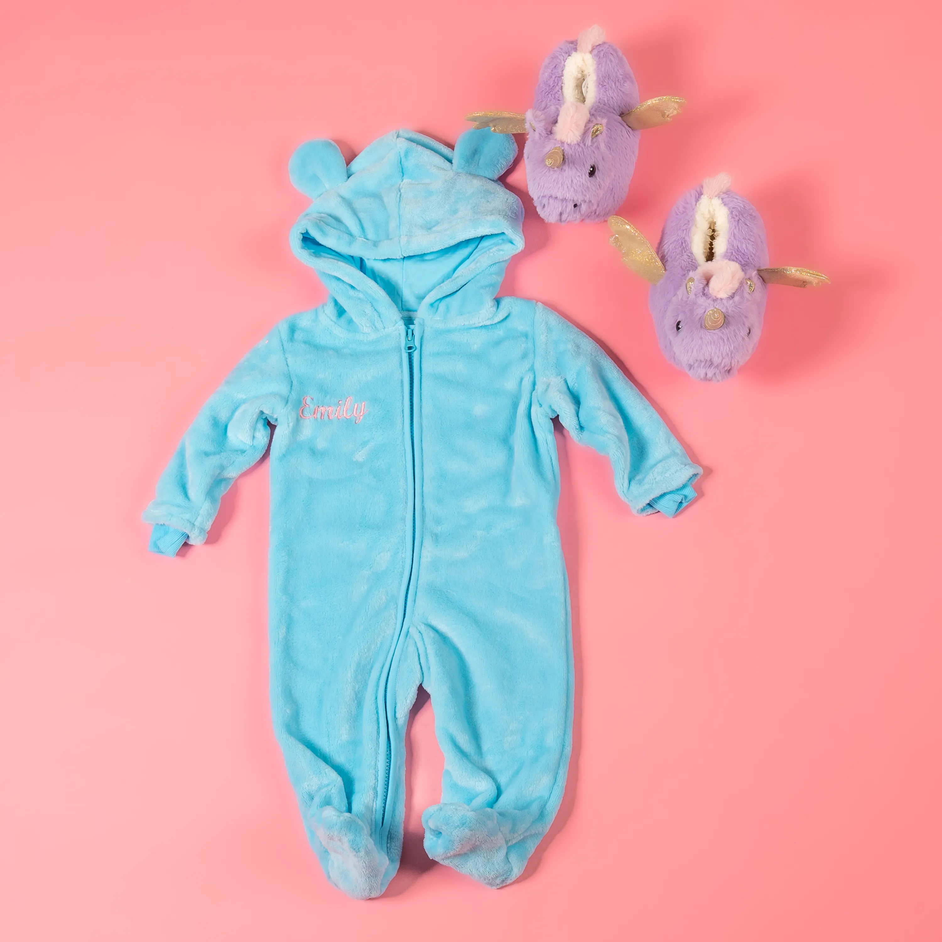 Baby girls personalised pramsuit and unicorn slippers gift set