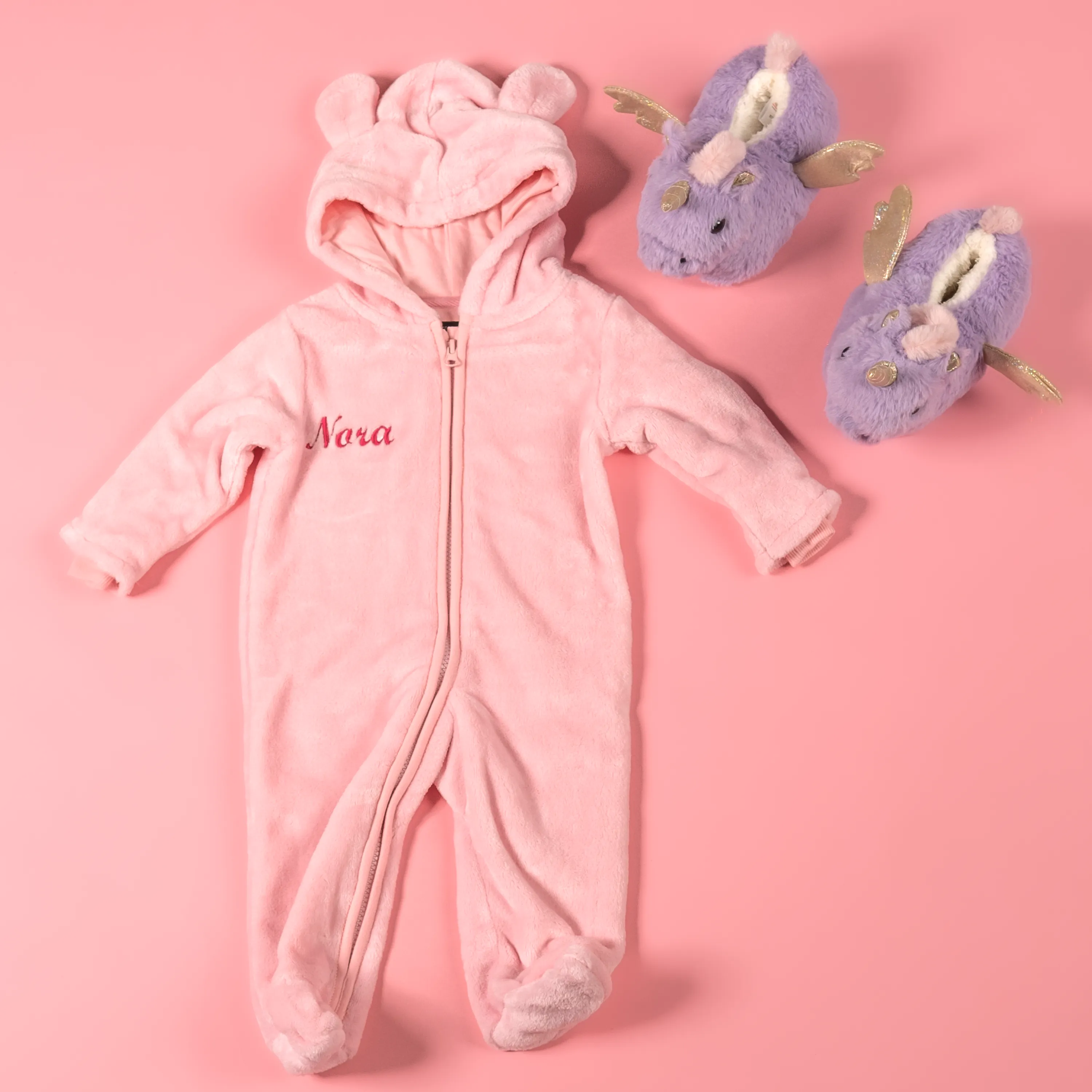 Baby girls personalised pramsuit and unicorn slippers gift set