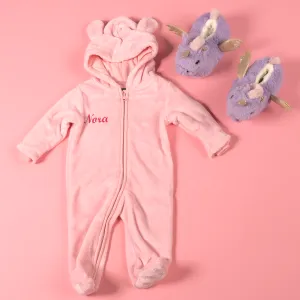 Baby girls personalised pramsuit and unicorn slippers gift set