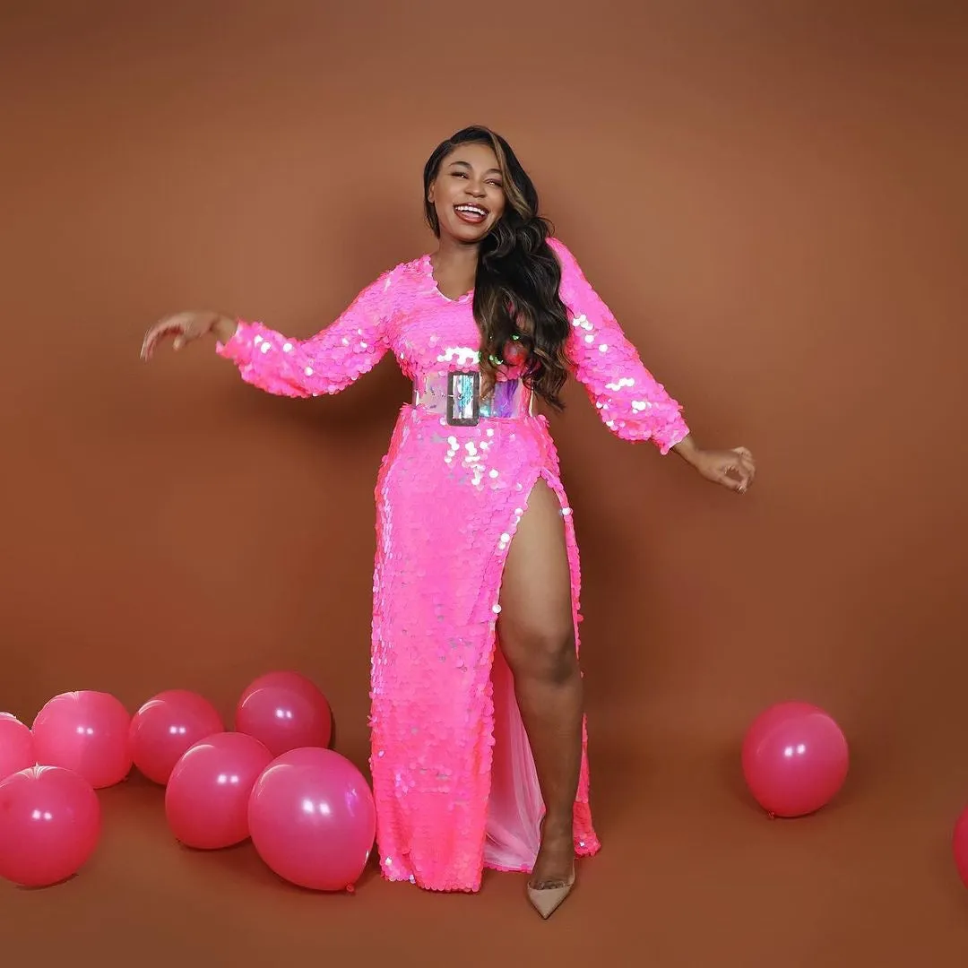 Barbie Pink Custom Oyemwen Sequin High Slit Birthday Dress