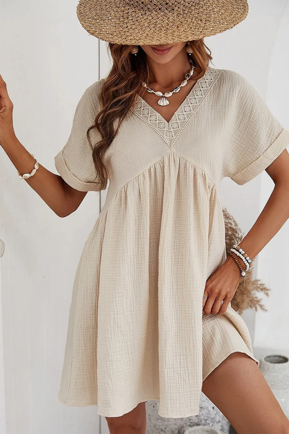 Beige Folded Short Sleeve Lace V Neck Mini Dress