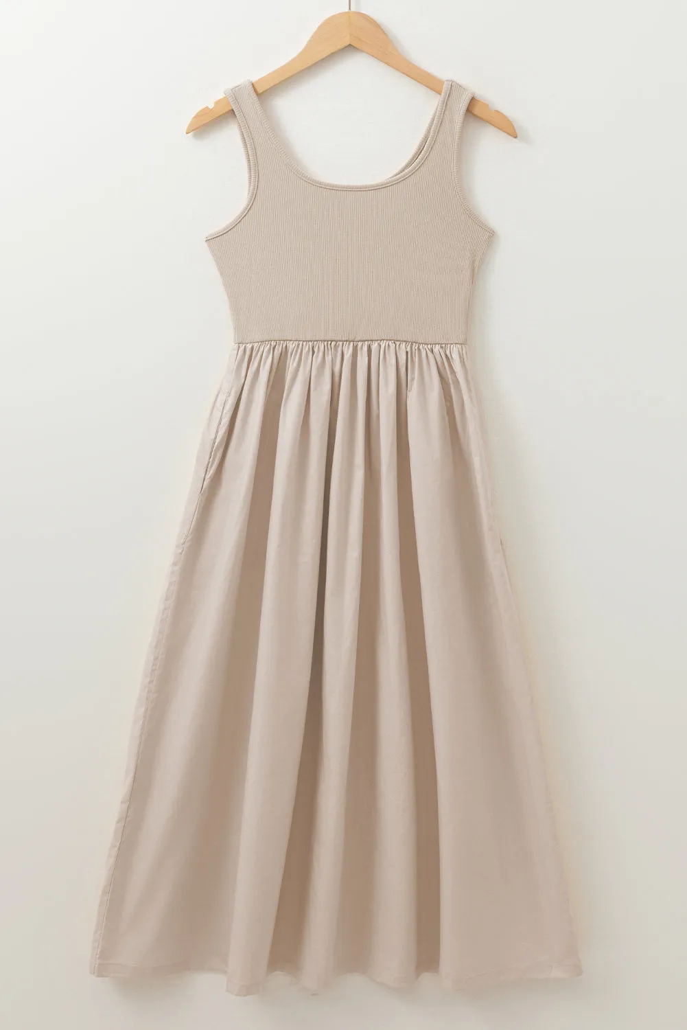 Beige Scoop Neck Ribbed Bodice Pleated Sleeveless Long Dress