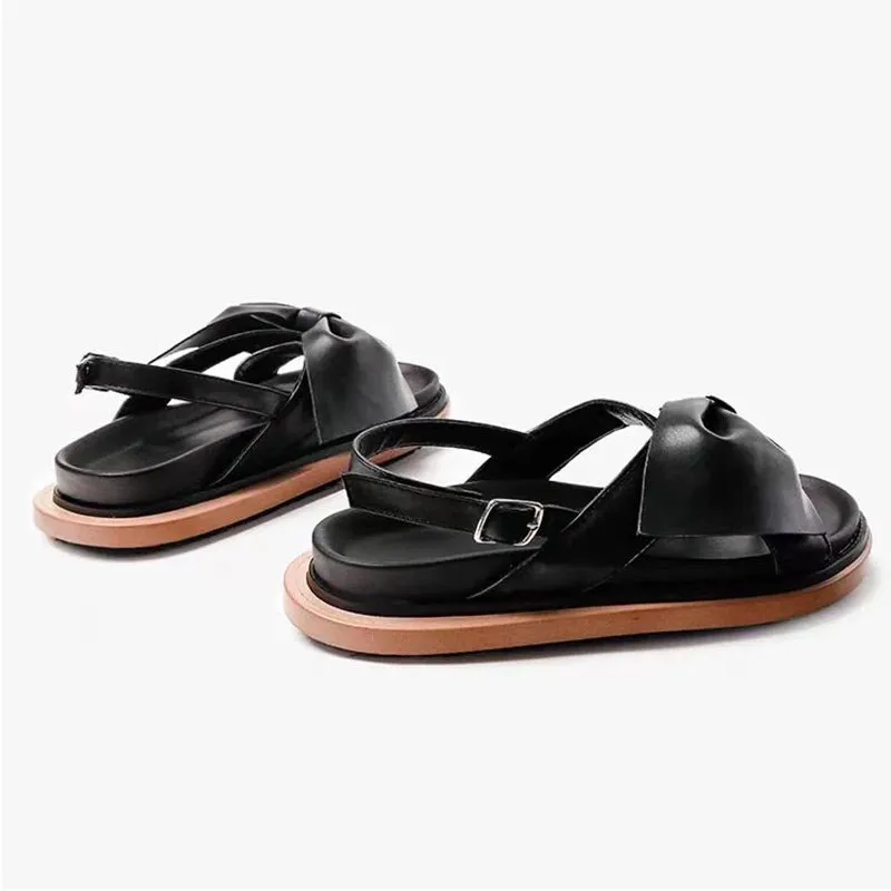 Black Buckle Strap  Open Toe Flats Beach Shoes Leather Women's Causal Sandals