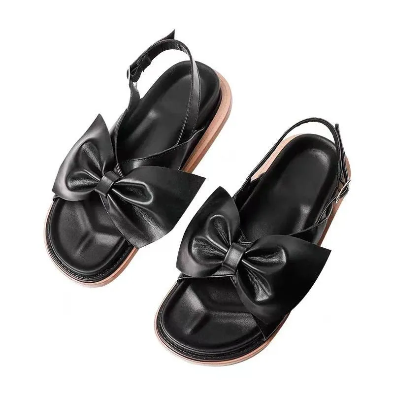 Black Buckle Strap  Open Toe Flats Beach Shoes Leather Women's Causal Sandals