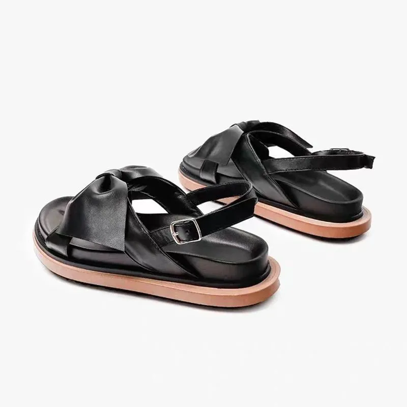 Black Buckle Strap  Open Toe Flats Beach Shoes Leather Women's Causal Sandals