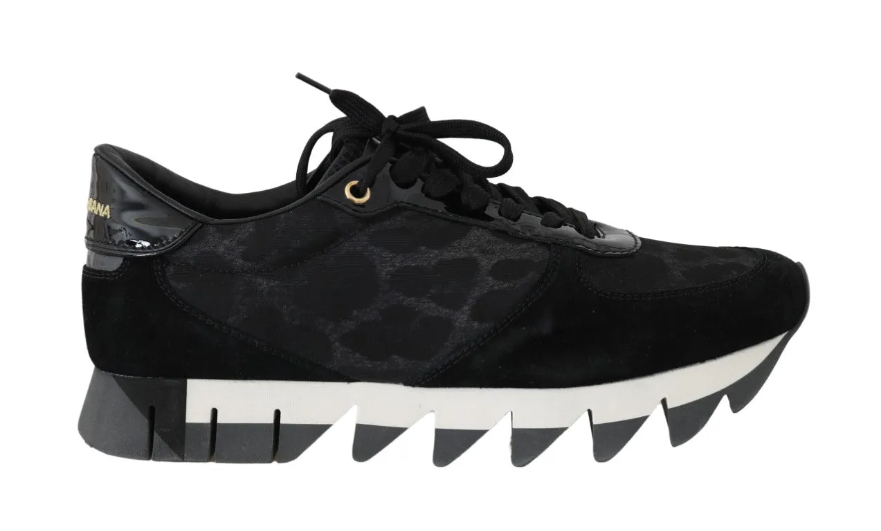 Black Gray Leopard Nylon Leather Sneakers