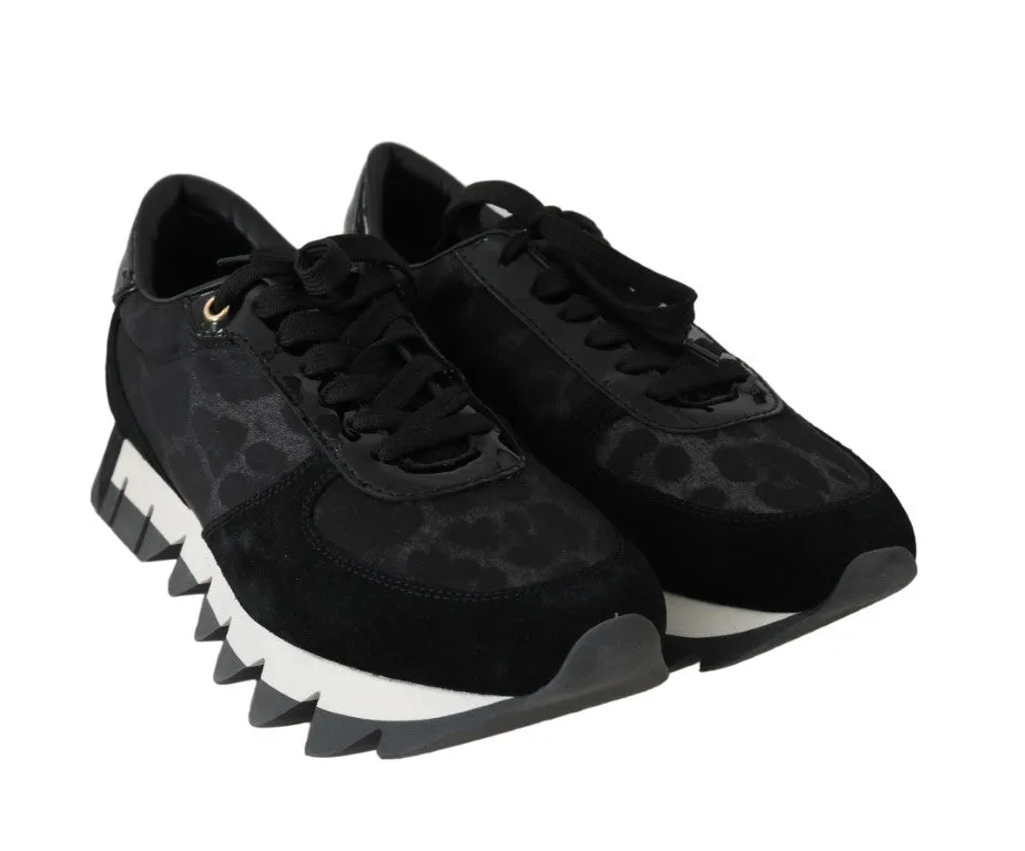 Black Gray Leopard Nylon Leather Sneakers