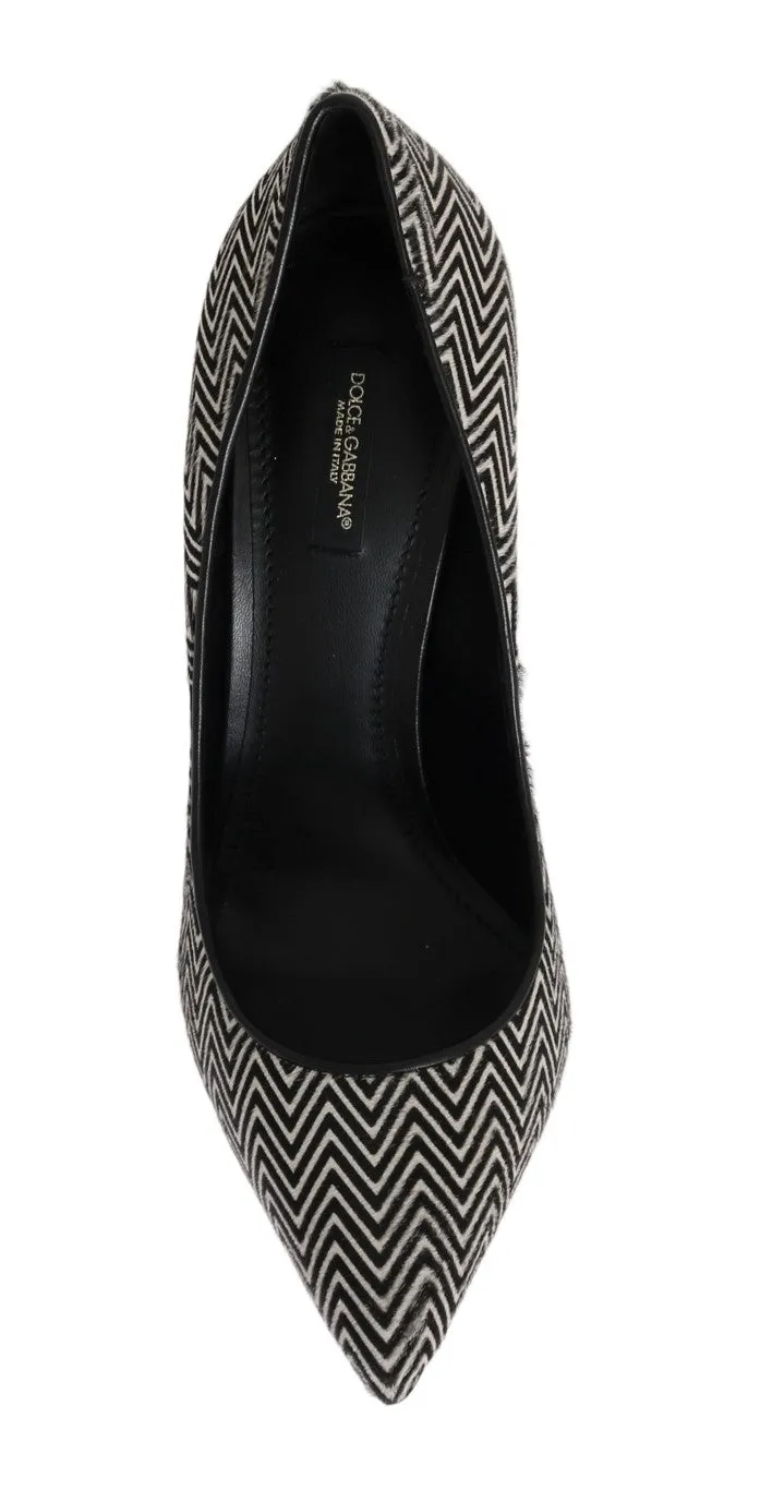 Black White Zigzag Pony Hair Leather Pumps