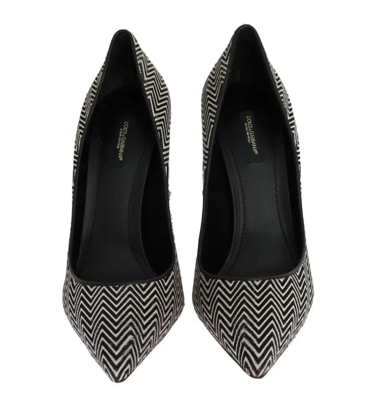 Black White Zigzag Pony Hair Leather Pumps