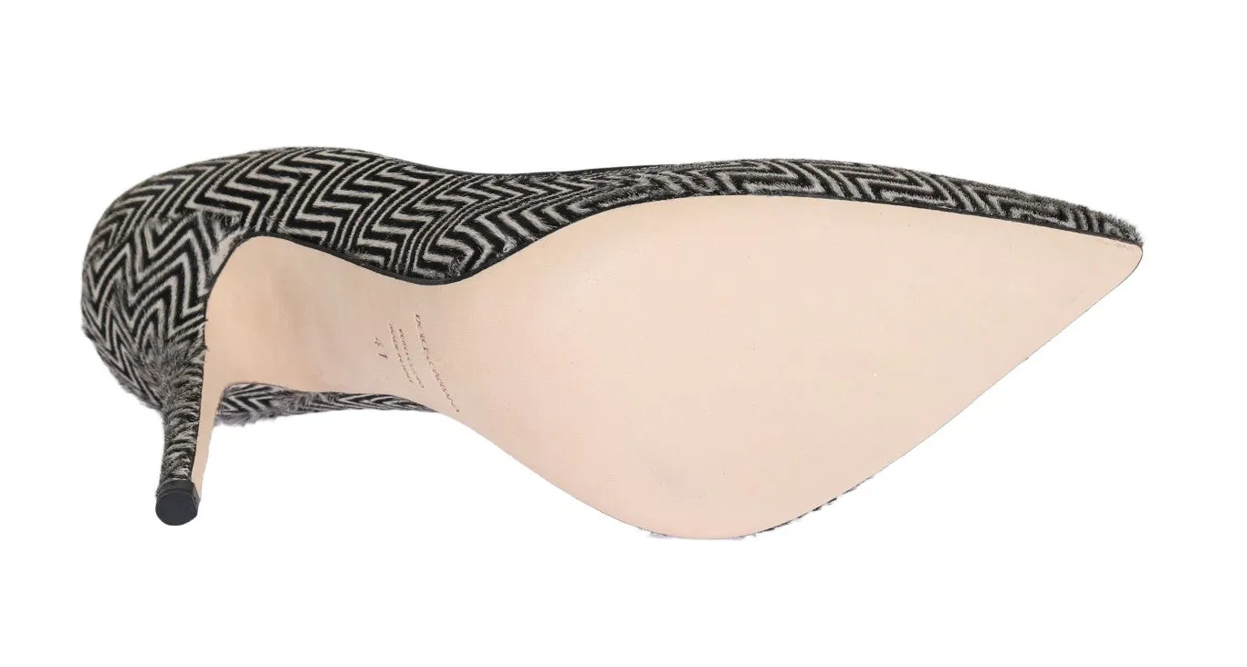 Black White Zigzag Pony Hair Leather Pumps