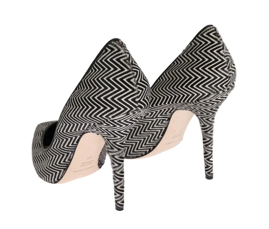 Black White Zigzag Pony Hair Leather Pumps