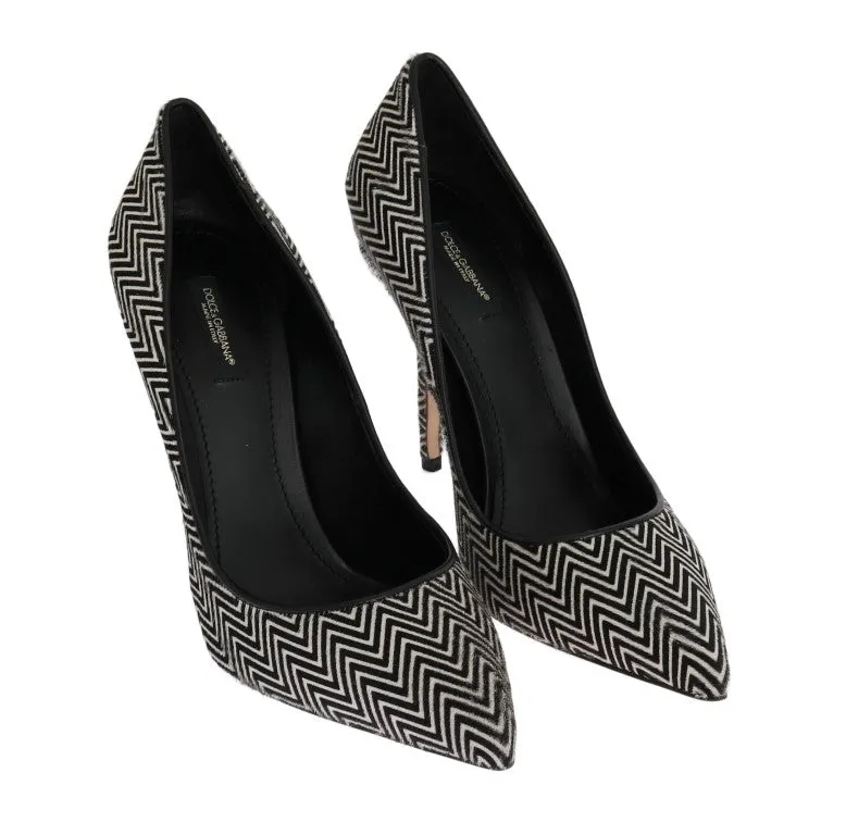 Black White Zigzag Pony Hair Leather Pumps