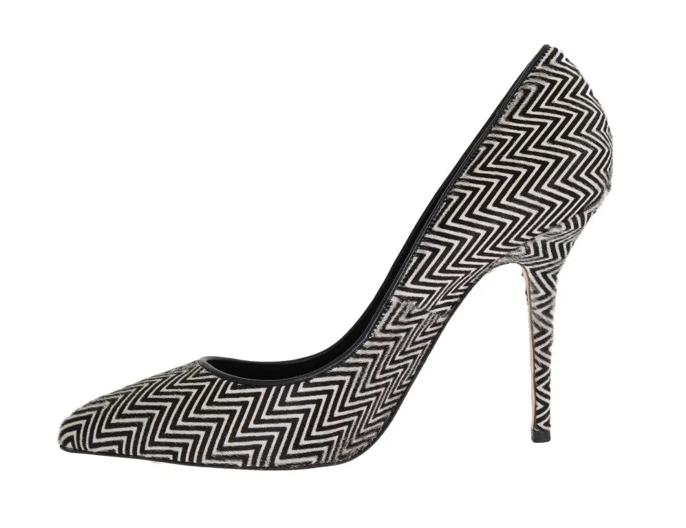 Black White Zigzag Pony Hair Leather Pumps