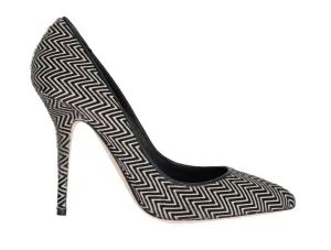 Black White Zigzag Pony Hair Leather Pumps