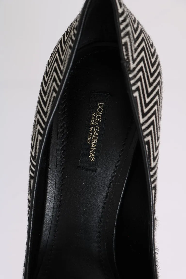 Black White Zigzag Pony Hair Leather Pumps