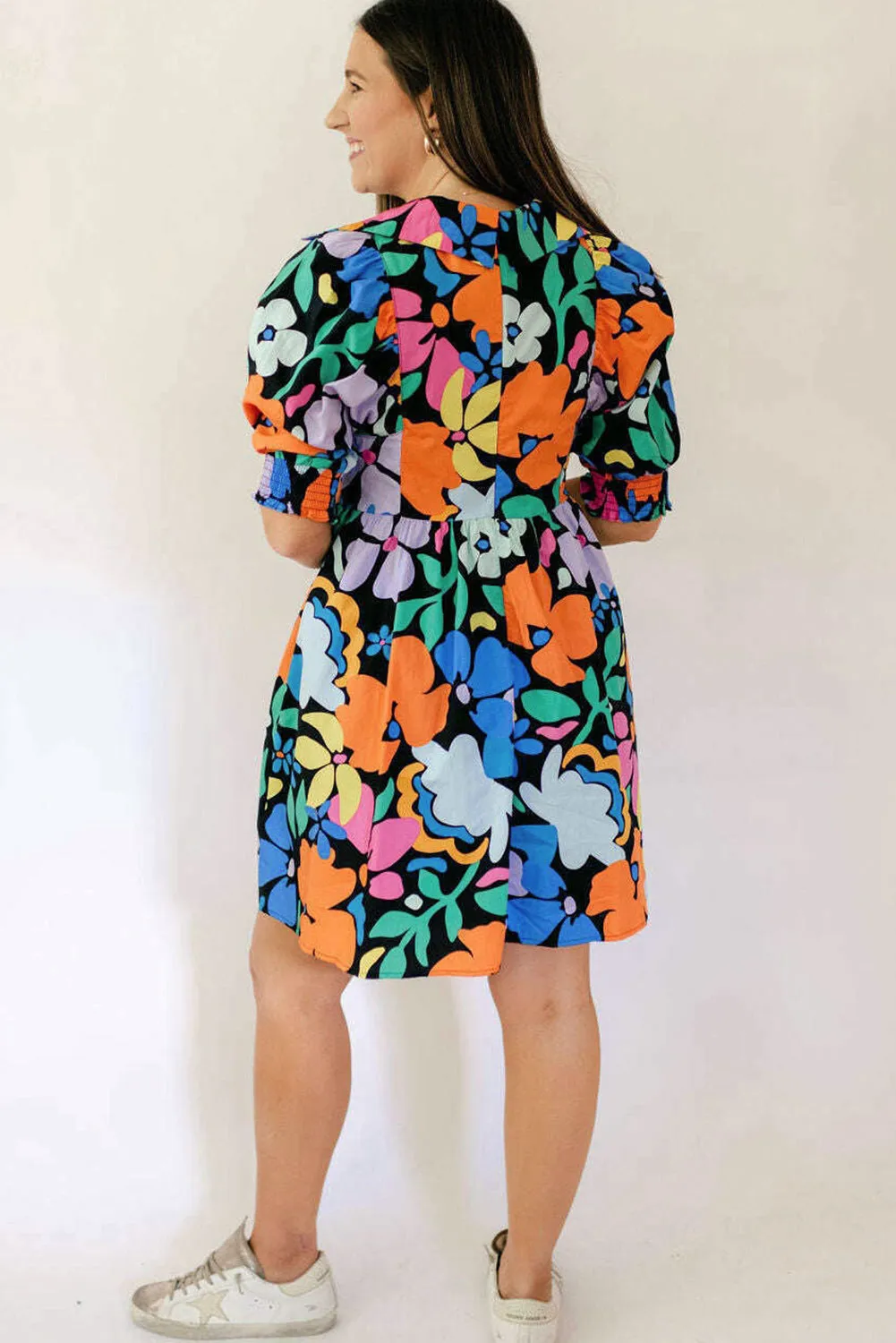Blue Collared Split Neck Floral Flared Dress