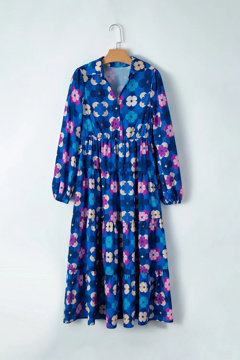 Blue Floral Peasant Sleeve Tiered Ruffle Midi Dress