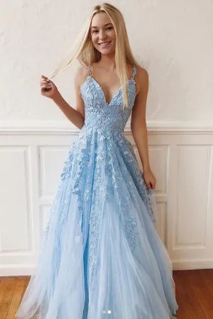 Blue v neck tulle lace long prom dress, blue tulle bridesmaid dress