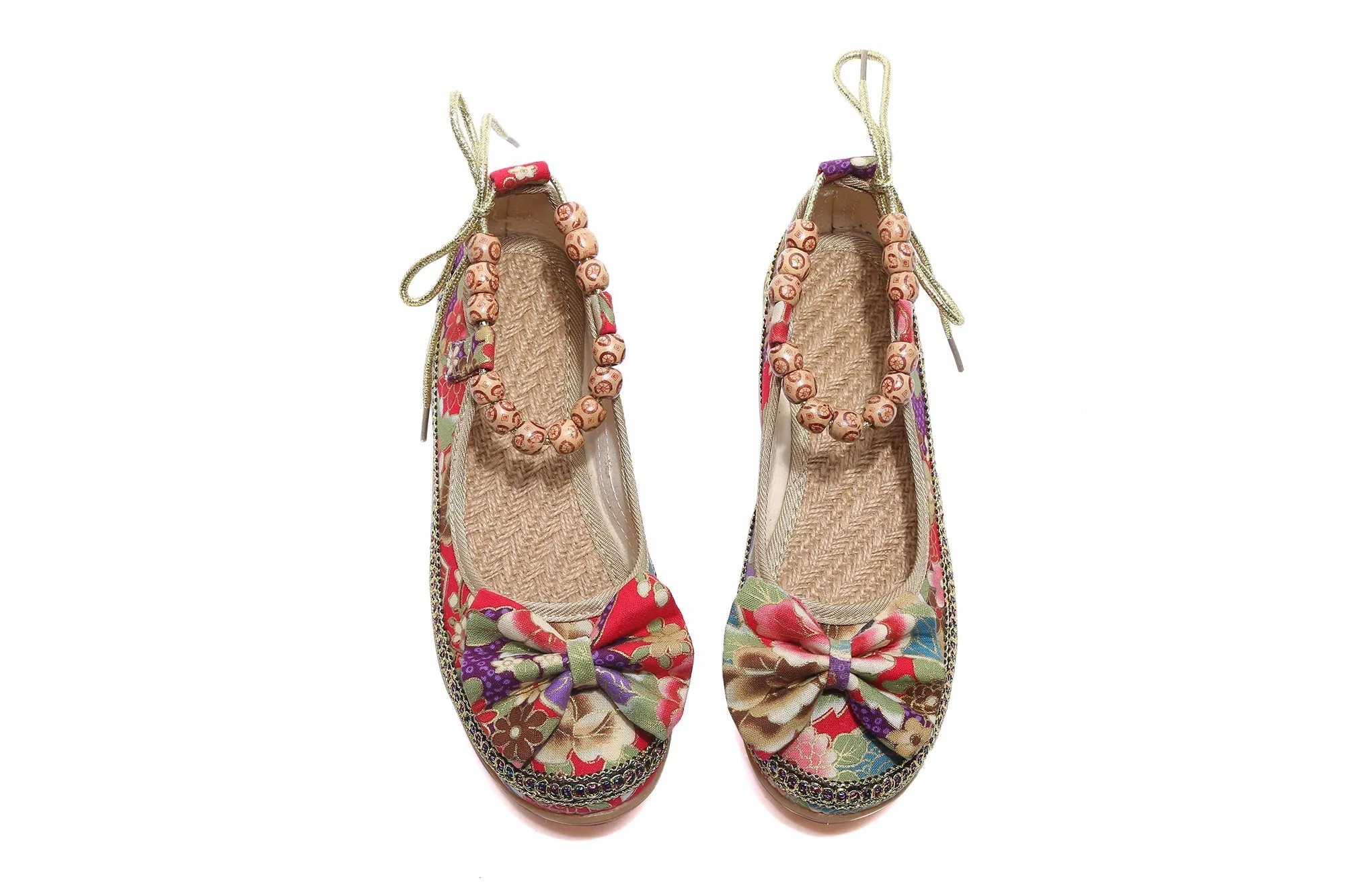 Bow Head Buddha Beads Round Toe Ankle Flat Shoes Boat Shoes - Cactus Rose