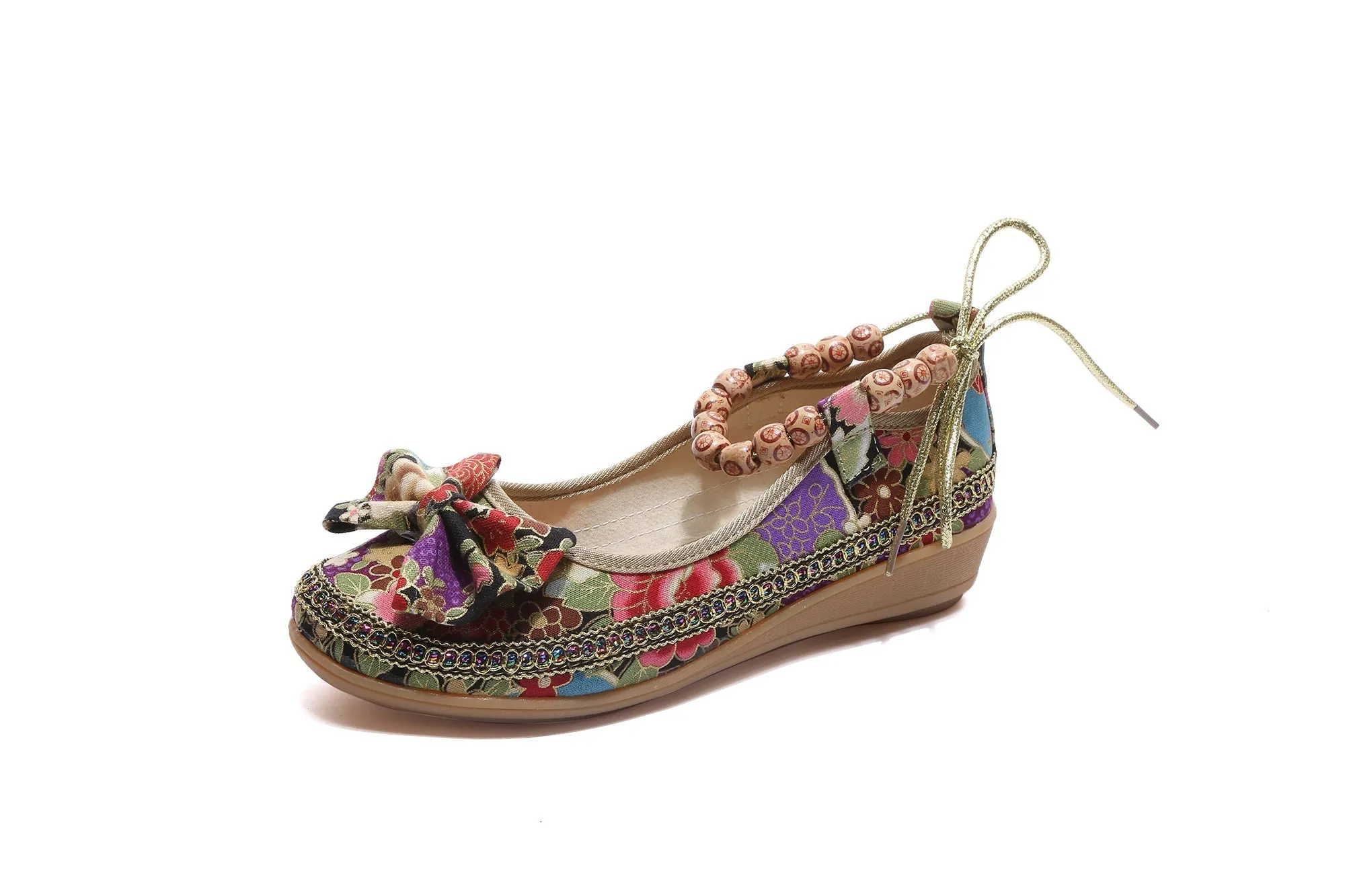 Bow Head Buddha Beads Round Toe Ankle Flat Shoes Boat Shoes - Cactus Rose