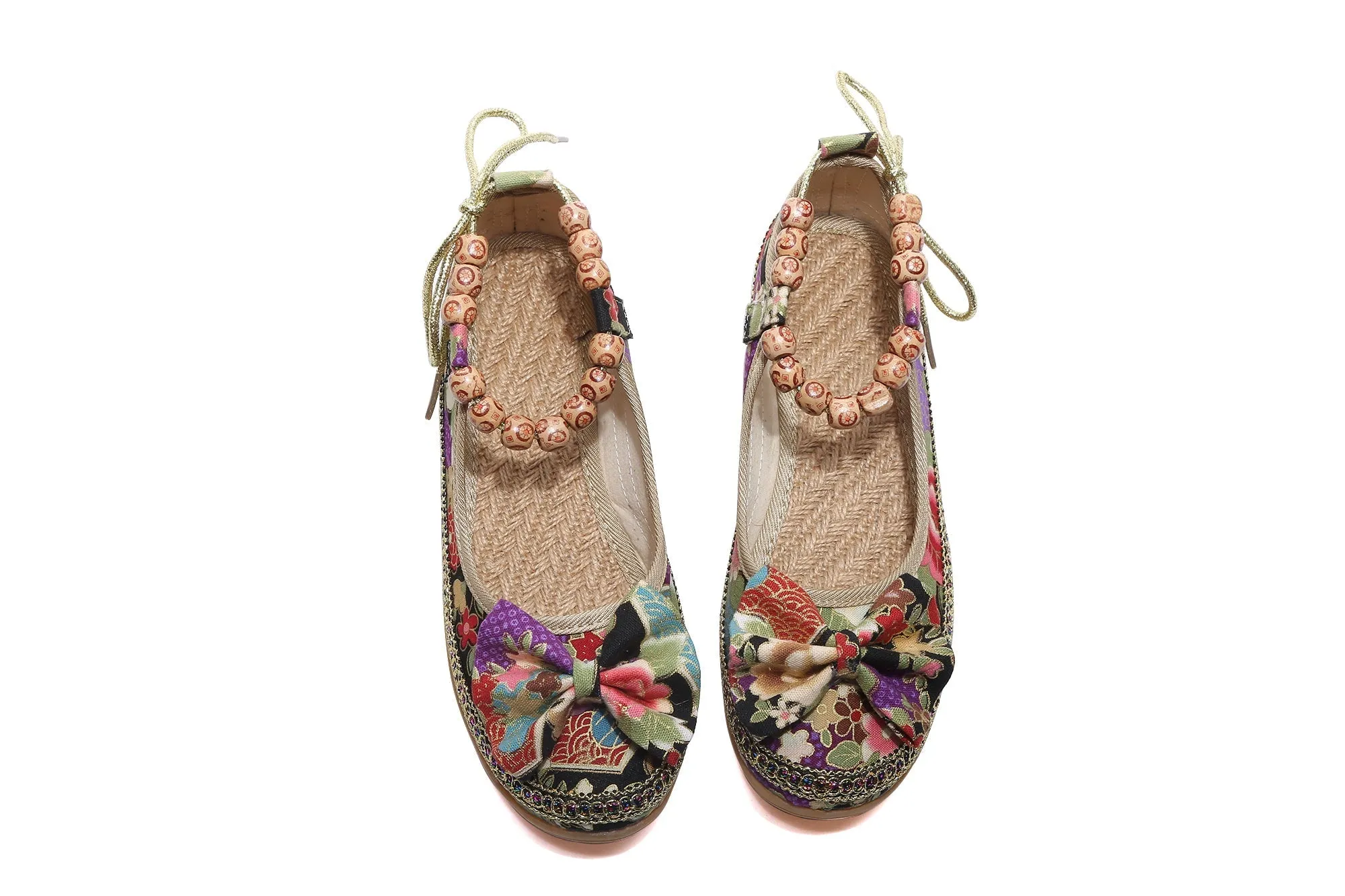 Bow Head Buddha Beads Round Toe Ankle Flat Shoes Boat Shoes - Cactus Rose
