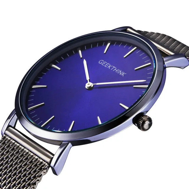 Brand Fashionable Ultra Thin Luxury Quartz Stainless Steel Mesh Strap Watch For Men - Black/White/Blue
