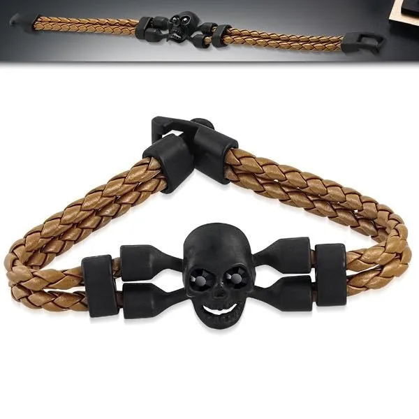Brown & Flat Black Skull Crossbone Leather Bracelet (#c184)