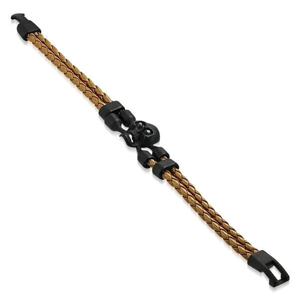 Brown & Flat Black Skull Crossbone Leather Bracelet (#c184)