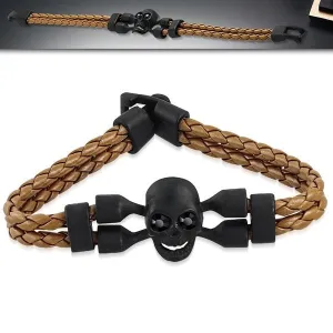 Brown & Flat Black Skull Crossbone Leather Bracelet (#c184)