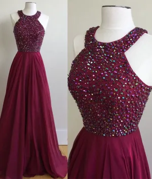 Burgundy chiffon long prom dress, burgundy evening dress