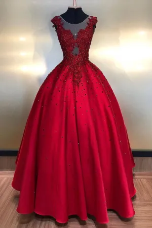 Burgundy round neck lace satin long prom dress burgundy evening dress