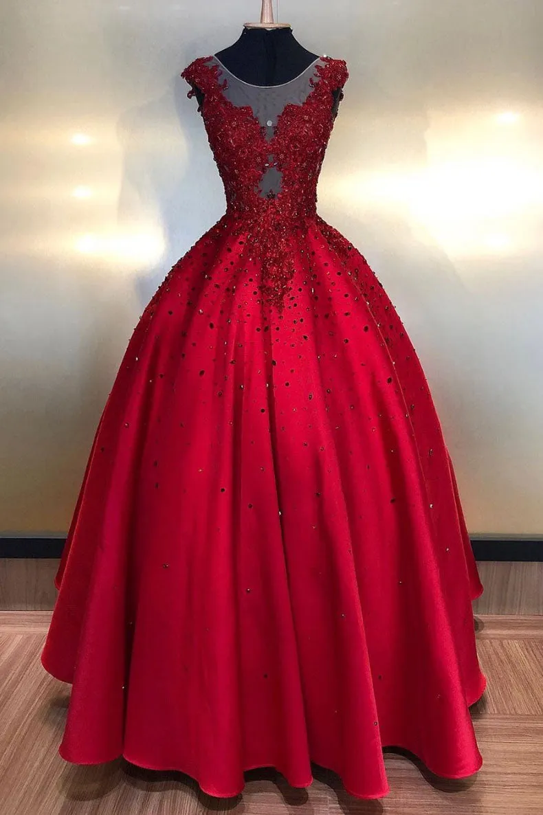 Burgundy round neck lace satin long prom dress burgundy evening dress