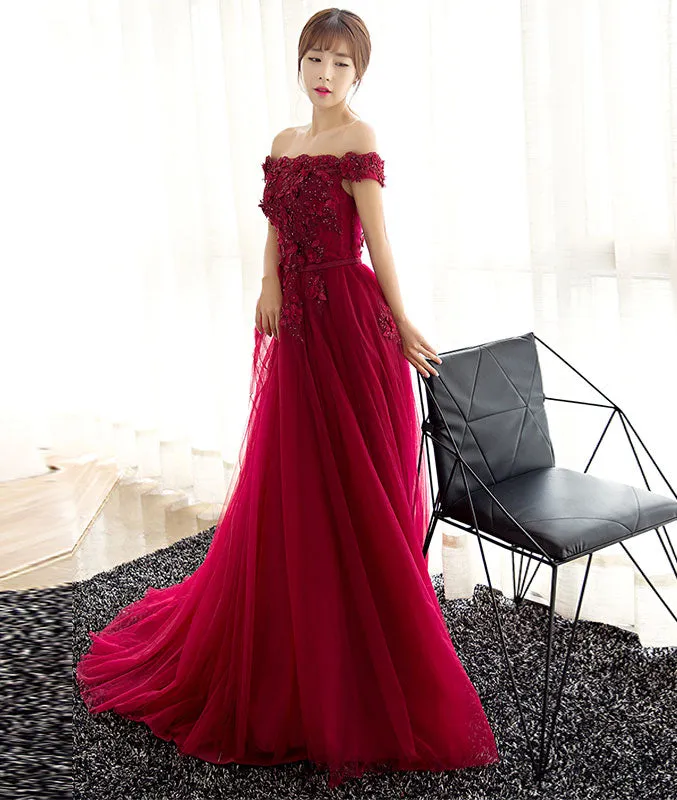 Burgundy tulle lace long prom dress, burgundy tulle evening dress