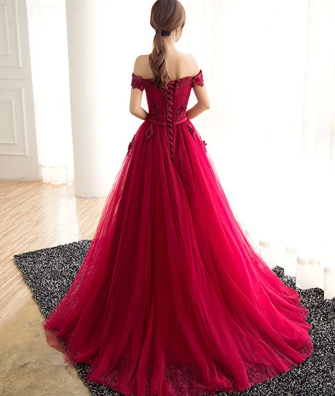Burgundy tulle lace long prom dress, burgundy tulle evening dress